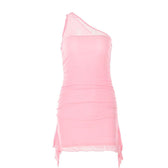Solid one shoulder mesh patchwork ruffle ruched zip-up mini dress 9