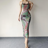 Halter self tie contrast print sheer mesh backless hollow out maxi dress 3