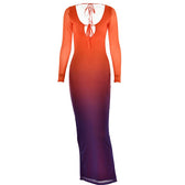 Mesh gradient long sleeve self tie backless slit maxi dress 2