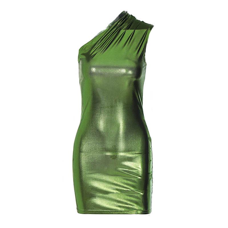 Metallic one shoulder ruched sleeveless irregular mini dress 15