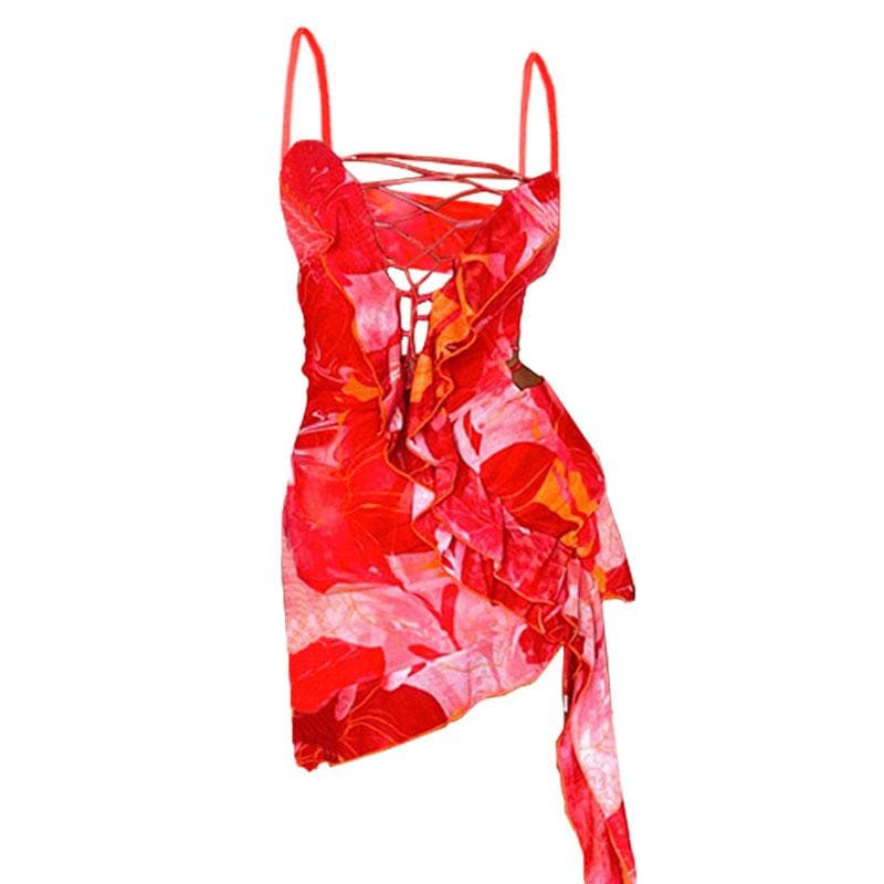 Ruffle Trim Lace Up Front Cut Out Mesh Hem Cami Mini Dress 3