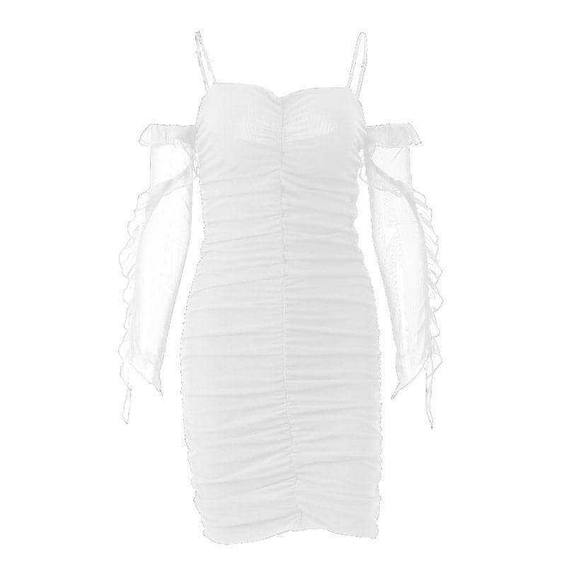 Solid ruched backless ruffle mesh mini dress 3