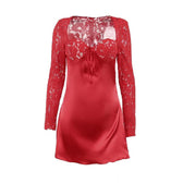 Lace zip-up long sleeve patchwork padded mini dress 2