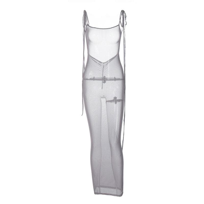 Sheer Mesh Tie Shoulder Spaghetti Strap Bodycon Maxi Dress 8
