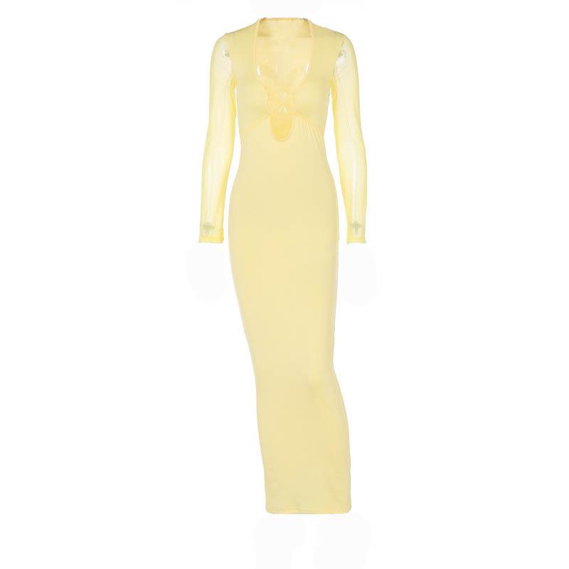 Mesh patchwork solid low cut long sleeve cross front maxi dress 10