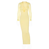 Mesh patchwork solid low cut long sleeve cross front maxi dress 10