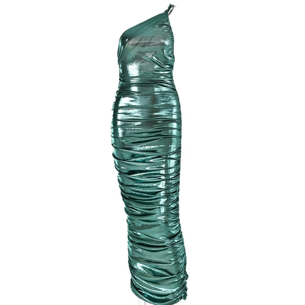 Metallic One Shoulder Sleeveless Ruched Bodycon Maxi Dress 10