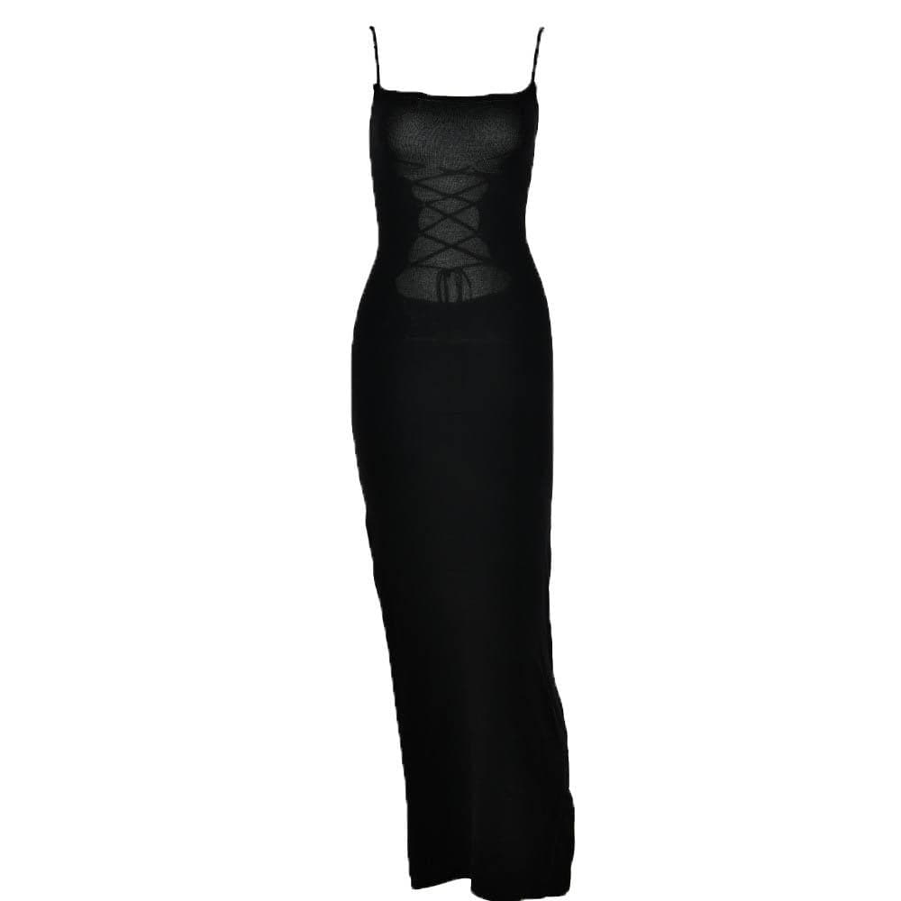 Square Neck Lace Up Front Cut Out Spaghetti Strap Maxi Dress