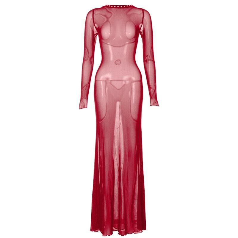 Long sleeve lace up sheer mesh see through maxi dress 8