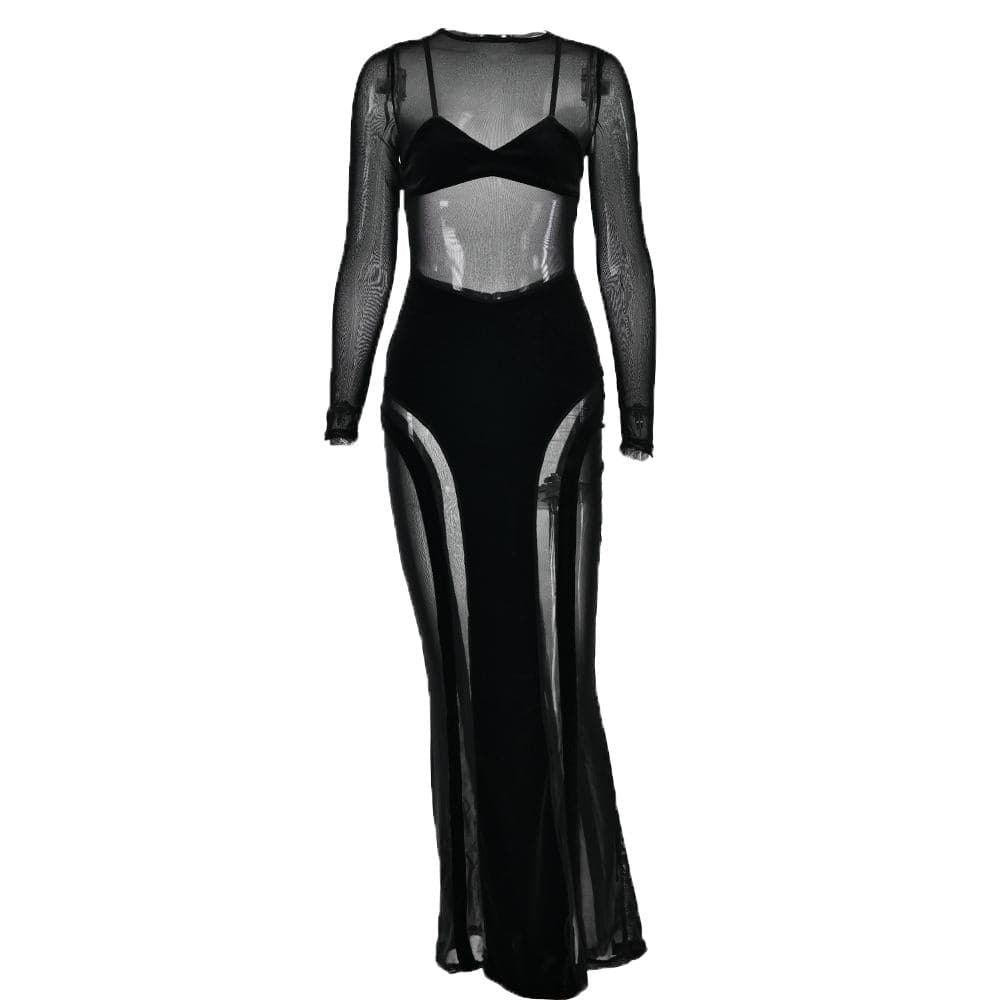 Mesh patchwork velvet solid long sleeve maxi dress 2