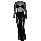 Mesh patchwork velvet solid long sleeve maxi dress 2