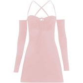 Lace up solid cross back off shoulder long sleeve mini dress 8