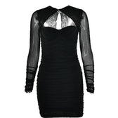 Hollow out ruched mesh long sleeve zip-up button mini dress 3