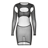 Long sleeve hollow out sheer mesh see through mini dress 2