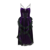 Velvet lace hem ruched lace up backless irregular midi dress 11
