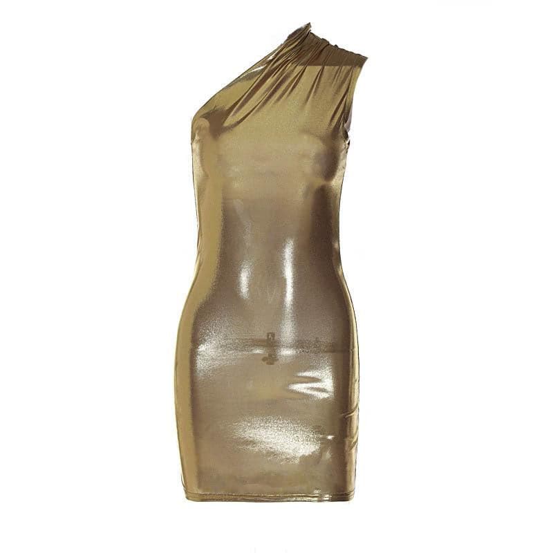 Metallic one shoulder ruched sleeveless irregular mini dress 10