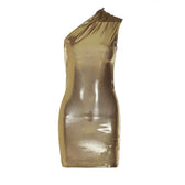 Metallic one shoulder ruched sleeveless irregular mini dress 10