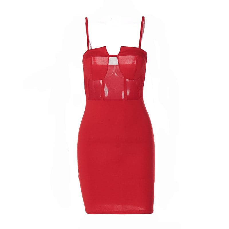 Sheer Mesh Corset Bodice Notch Neck Spaghetti Strap Bodycon Mini Dress 7