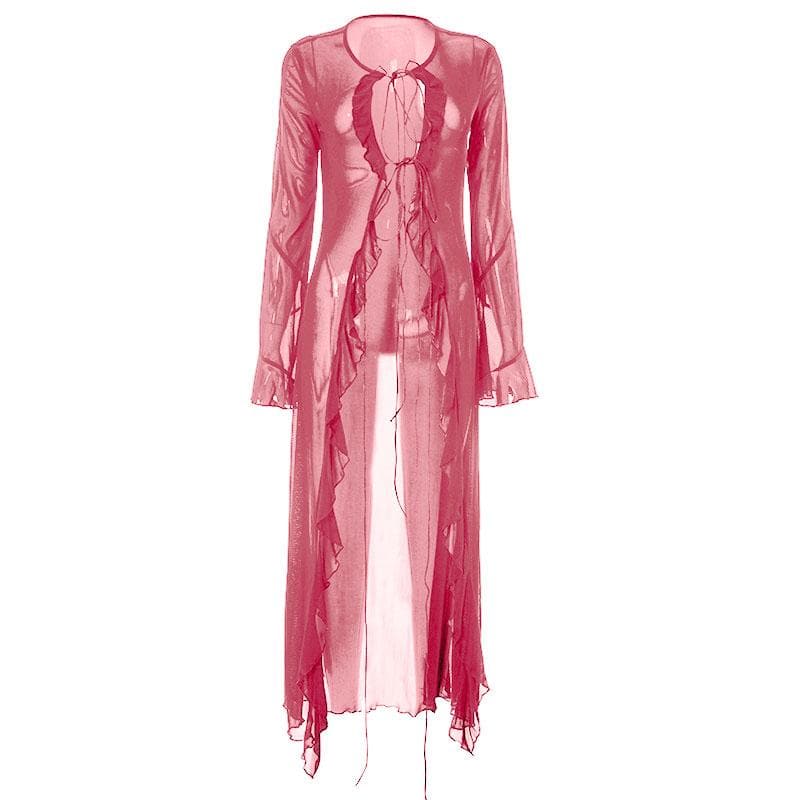 Flared sleeve ruffle sheer mesh see through self tie maxi dress 5