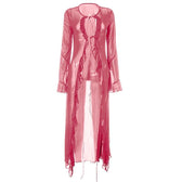 Flared sleeve ruffle sheer mesh see through self tie maxi dress 5