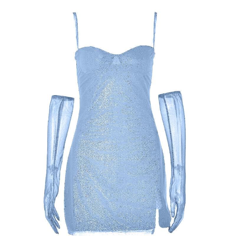 Textured mesh gloves sweetheart neck zip-up slit cami mini dress 10