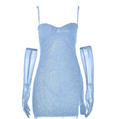 Textured mesh gloves sweetheart neck zip-up slit cami mini dress 10