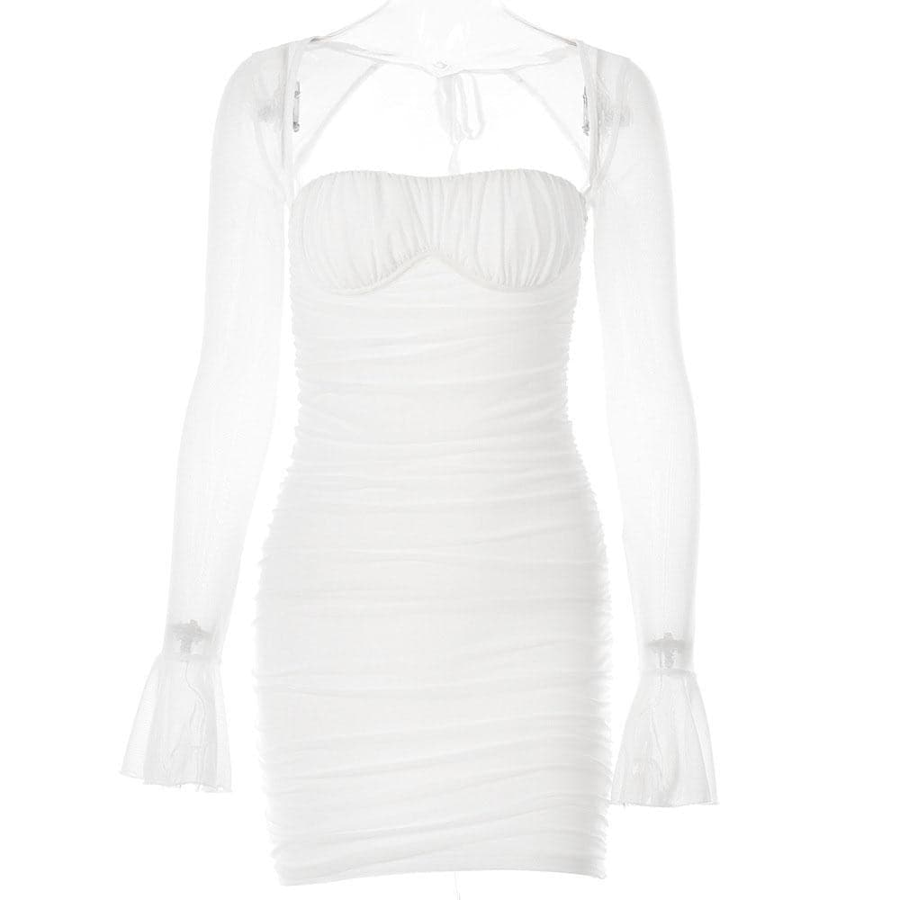 Mesh flared sleeve solid ruched zip-up lace up mini dress 2
