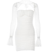 Mesh flared sleeve solid ruched zip-up lace up mini dress 2
