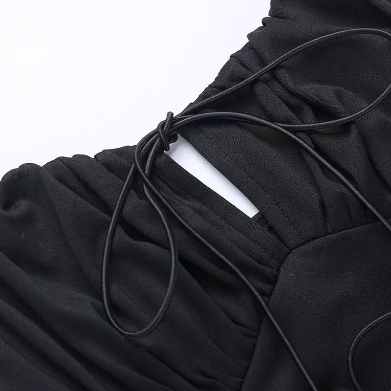 Ruched solid lace up self tie backless sleeveless midi dress 9