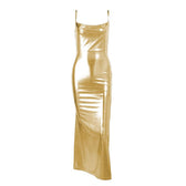 Cowl neck slit backless metallic cami midi dress 7