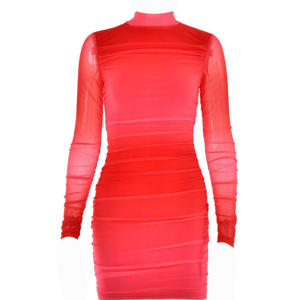 Mesh ruched zip-up long sleeve solid high neck mini dress 8