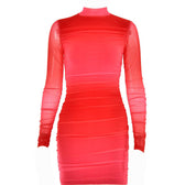 Mesh ruched zip-up long sleeve solid high neck mini dress 8