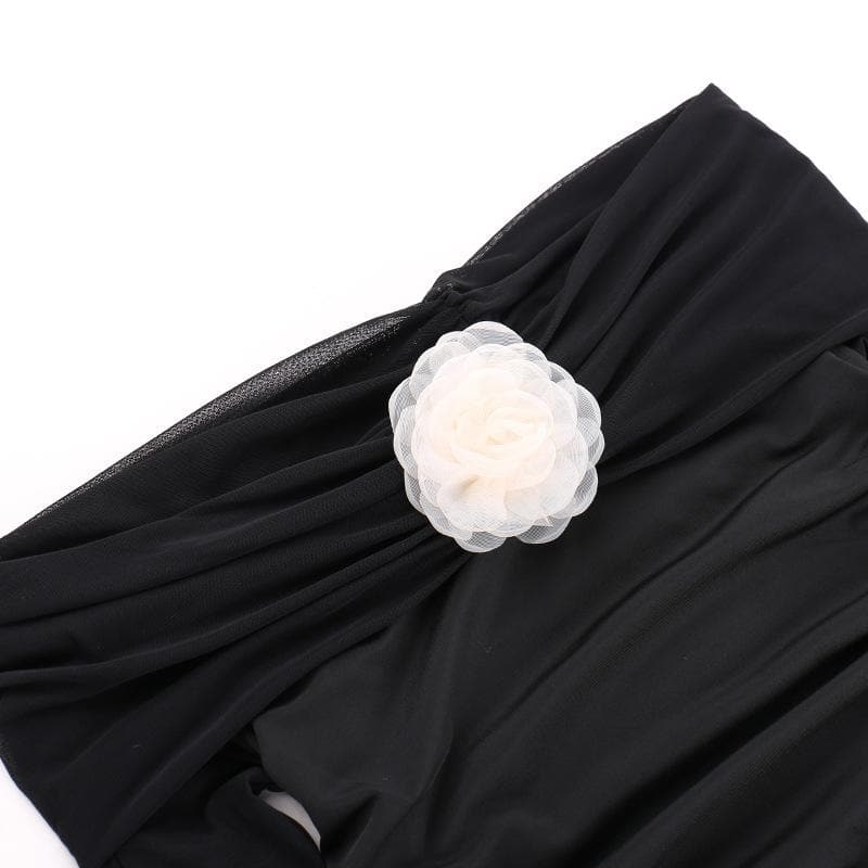 Flower applique mesh ruched off shoulder long sleeve mini dress