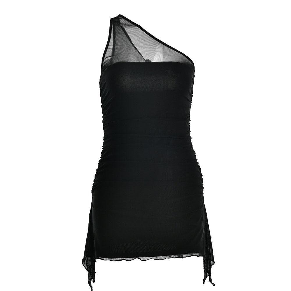 Solid one shoulder mesh patchwork ruffle ruched zip-up mini dress 2