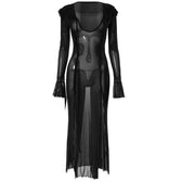 Slit flared sleeve sheer mesh see through u neck low cut maxi dress 3