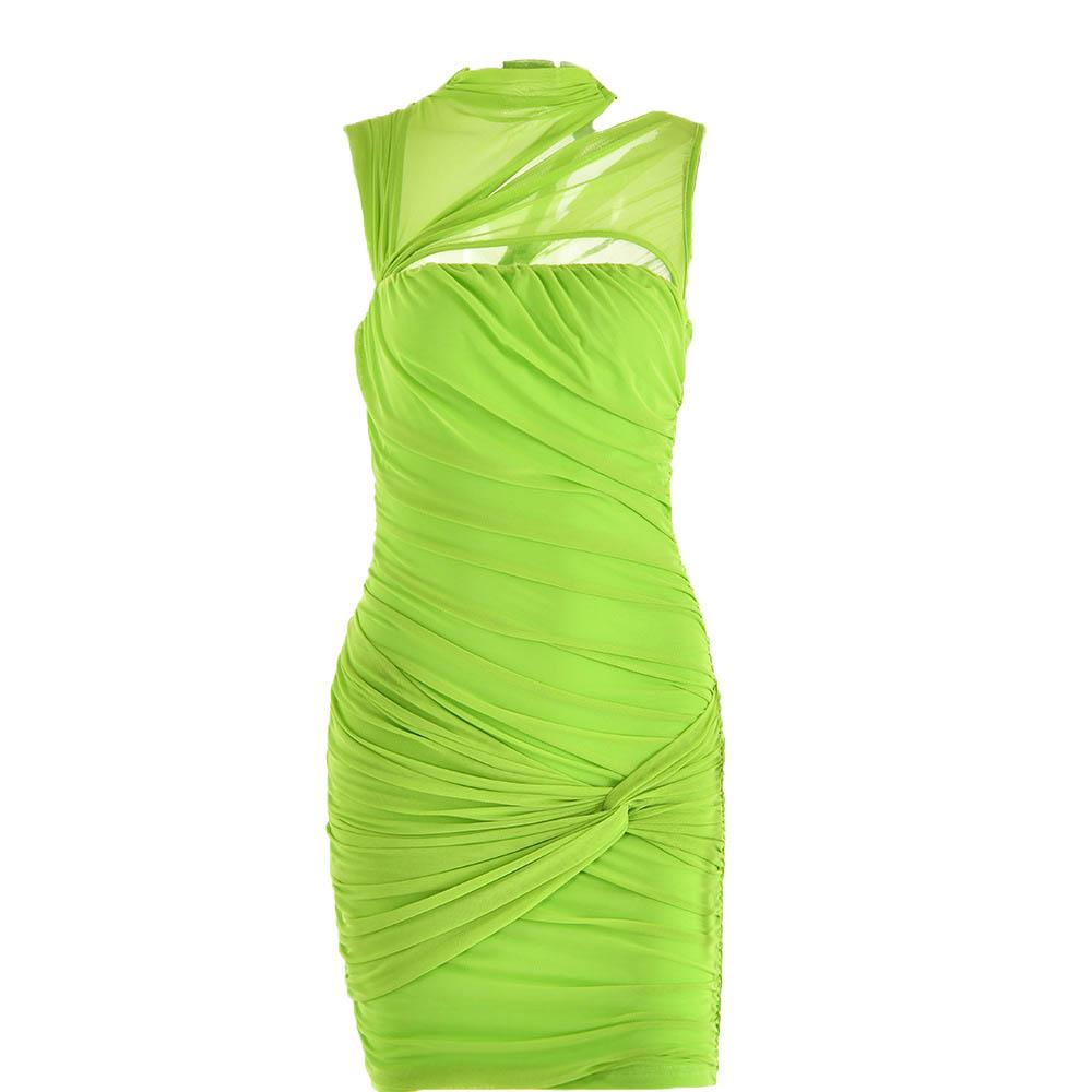 Sleeveless irregular hollow out mesh knotted ruched mini dress 2
