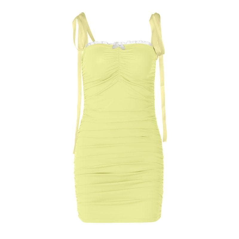Ruched lace hem self tie square neck backless mini dress 2