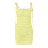 Ruched lace hem self tie square neck backless mini dress 2