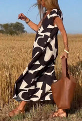 Geometric Print V-Neck Cap Sleeve Split Maxi Dress 2