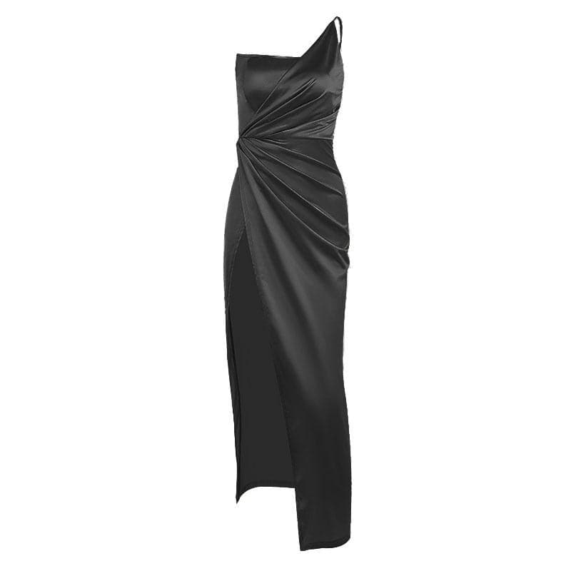 Sleeveless solid satin slit one shoulder ruched backless midi dress 7