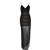 Mesh v neck ruched slit zip-up spaghetti strap maxi dress 4