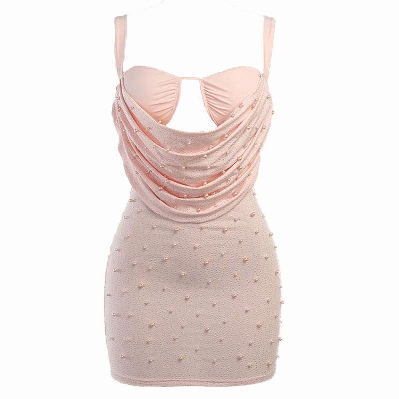 Sleeveless solid ruched beaded hollow out backless cowl neck cami dress 8