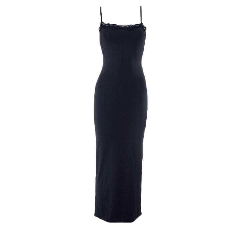 Lace hem square neck solid backless cami maxi dress 2