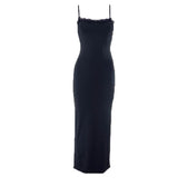 Lace hem square neck solid backless cami maxi dress 2