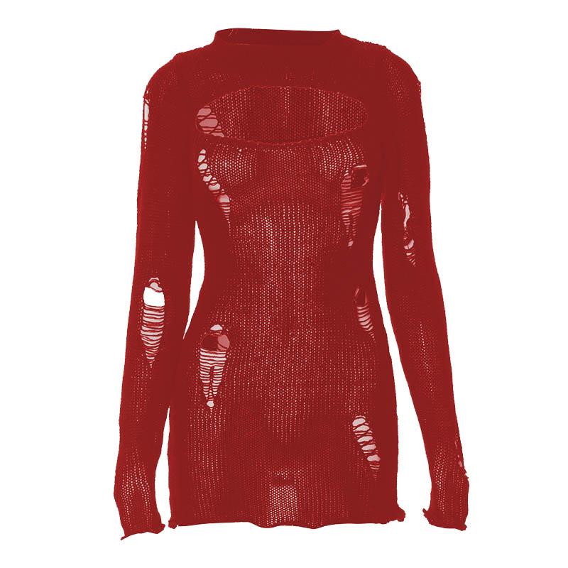 Crochet hollow out solid long sleeve mini dress 7