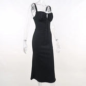 Ruched solid lace up self tie backless sleeveless midi dress 3