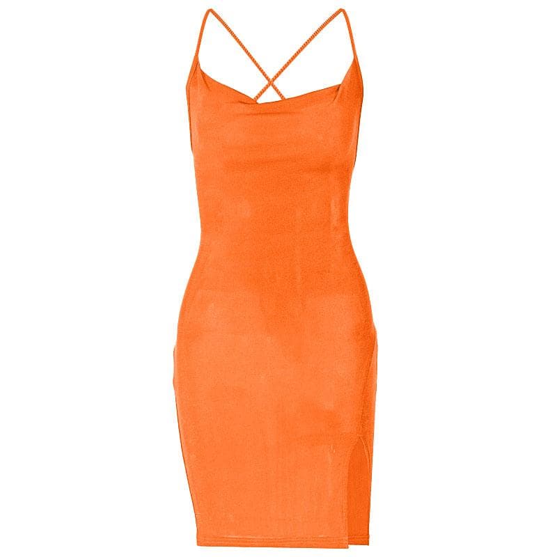 Cowl Neck Spaghetti Strap Side Slit Bodycon Mini Dress 2