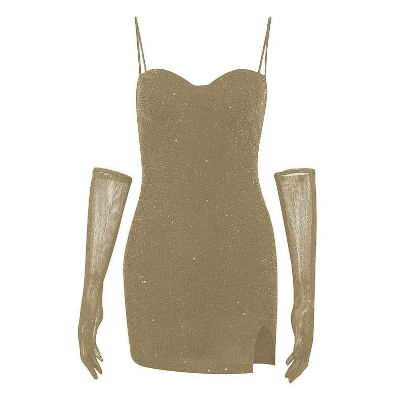 Glitter Sweetheart Neck Cami Slit Bodycon Mini Dress with Mesh Gloves 8