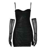 Textured mesh gloves sweetheart neck zip-up slit cami mini dress 2