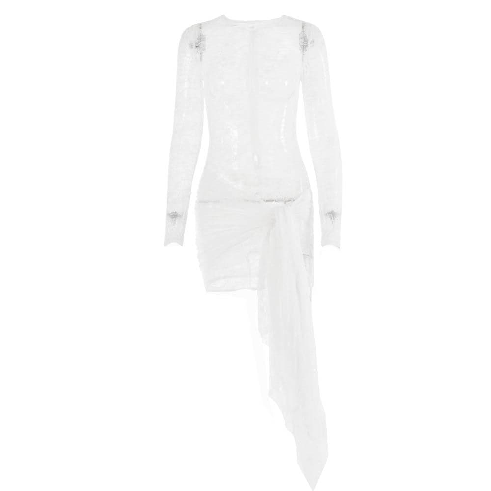 Lace see through long sleeve zip-up self tie ruched mini dress 9